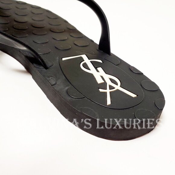 YVES SAINT LAURENT SHOES BLACK RUBBER FLIP FLOPS THONG w HEART sz 38 / US 8 - Picture 9 of 11